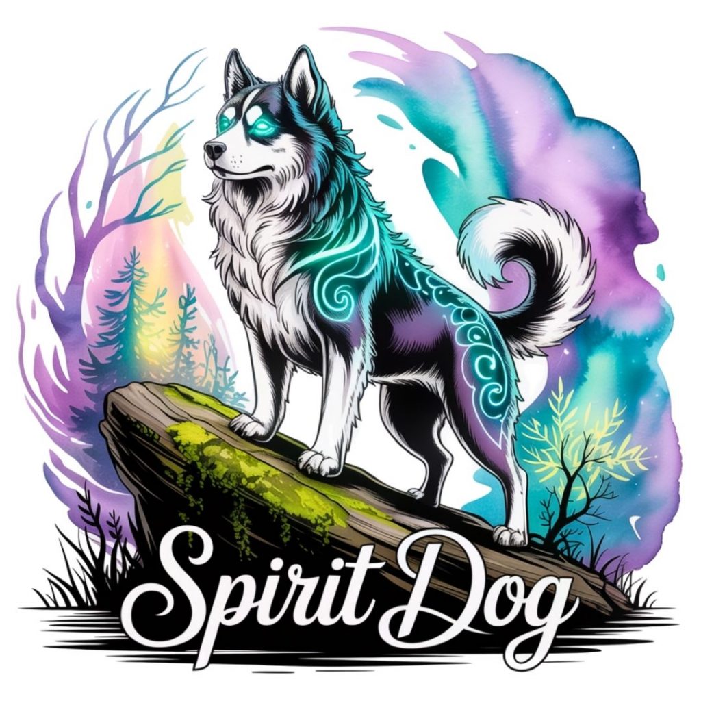 Stylized husky dog with glowing patterns stands on mossy rock. Background features colorful, abstract forest with "Spirit Dog" text. Mystical and vibrant.