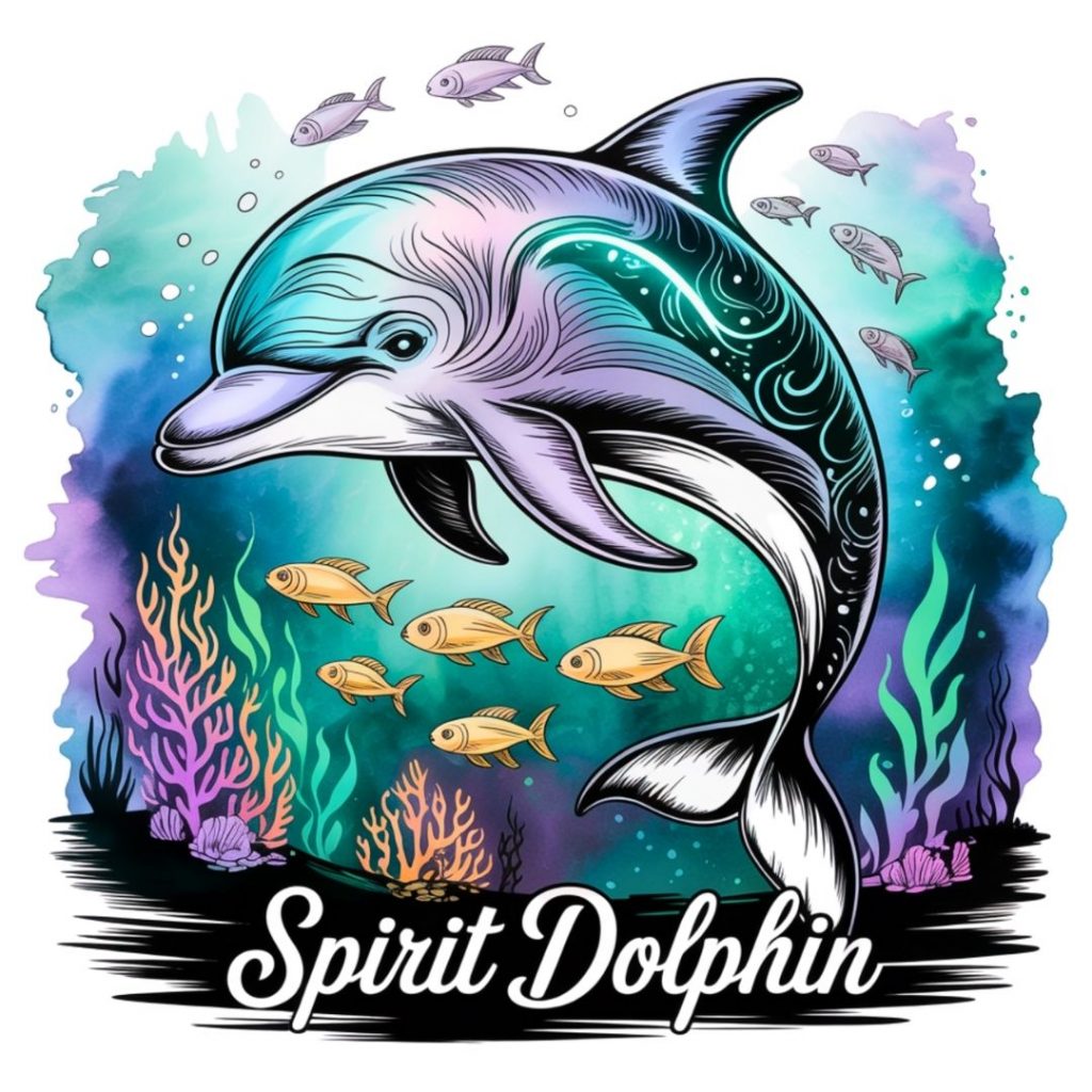 Illustrated dolphin with intricate patterns swims in a colorful underwater scene featuring coral, fish, and bubbles; caption reads "Spirit Dolphin."