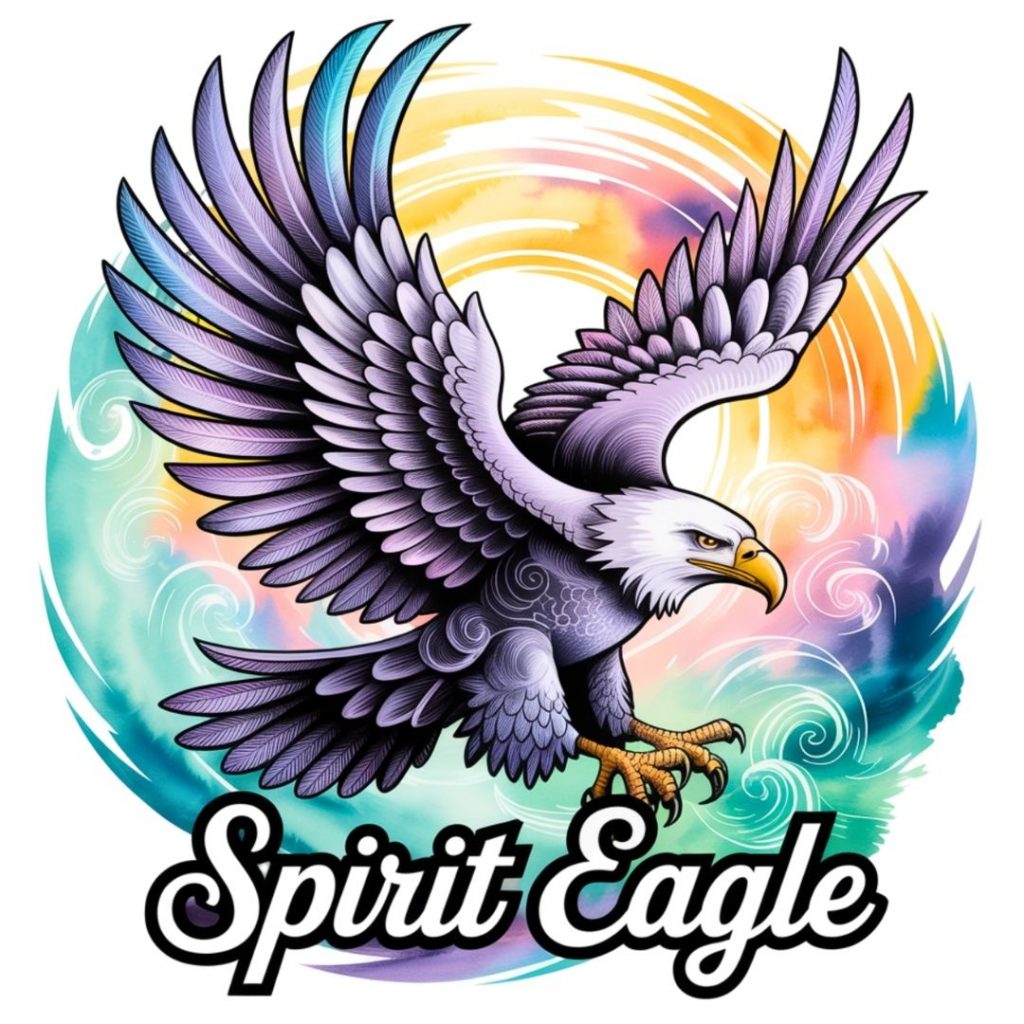 Illustrated eagle with outstretched wings, set against a swirling, colorful backdrop. Text reads "Spirit Eagle" at the bottom, conveying power and freedom.