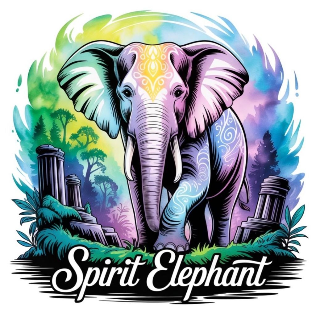 Colorful elephant with intricate patterns stands among ancient ruins and greenery. "Spirit Elephant" text below. Vibrant, mystical atmosphere.