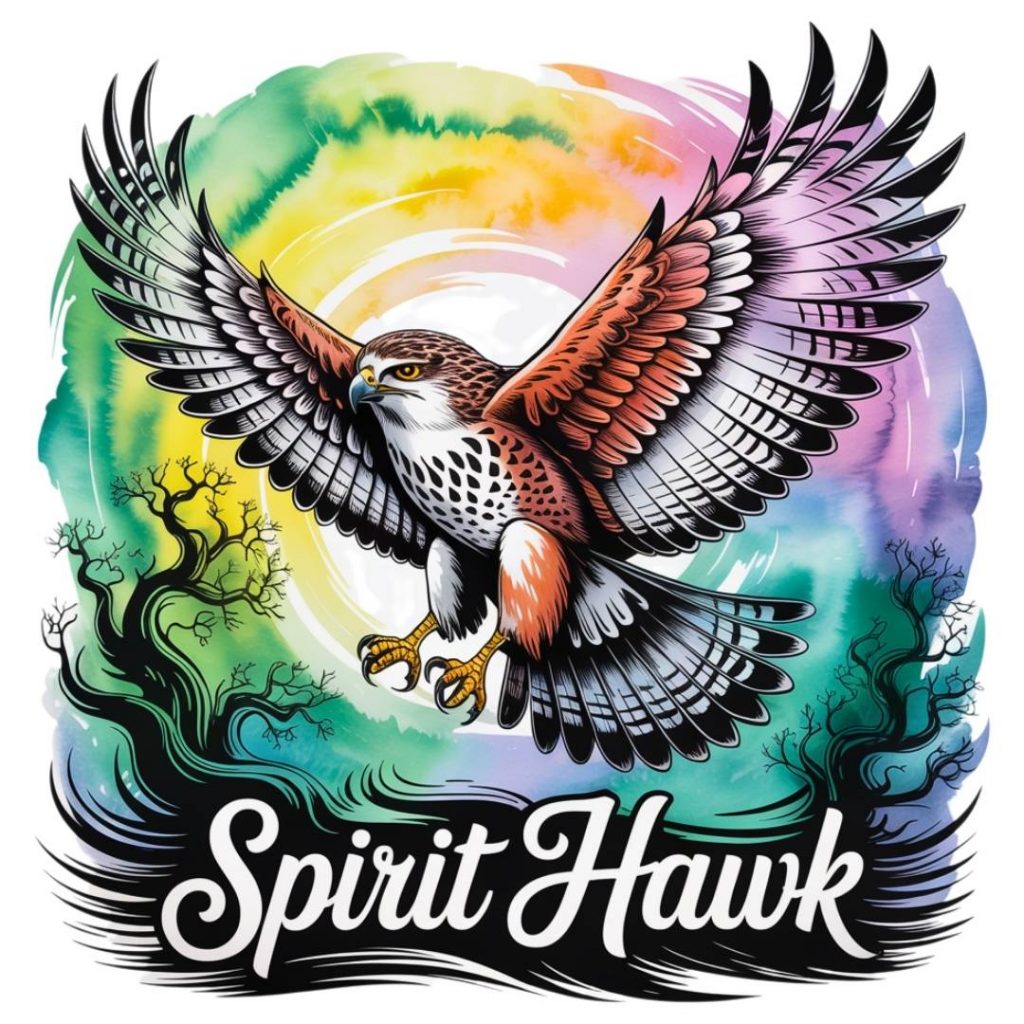 Illustration of a hawk with outstretched wings against a vibrant, swirling rainbow background. Below, stylized trees and the text "Spirit Hawk."