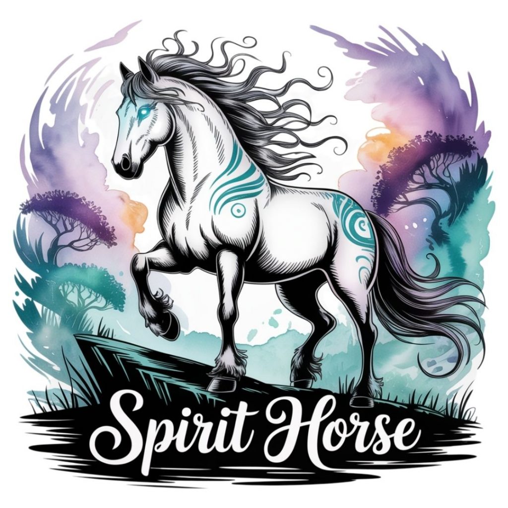 White horse with flowing mane and blue tribal markings stands majestically on a rock. Colorful watercolor background with trees, text "Spirit Horse."