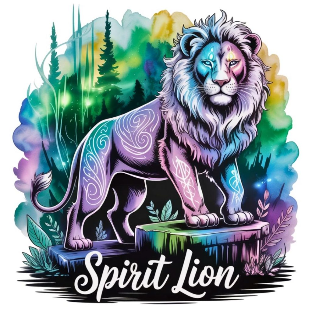 A mystical lion with swirling patterns in vibrant colors stands on colorful rocks. The background features a blurred, rainbow-hued forest. Text reads "Spirit Lion."