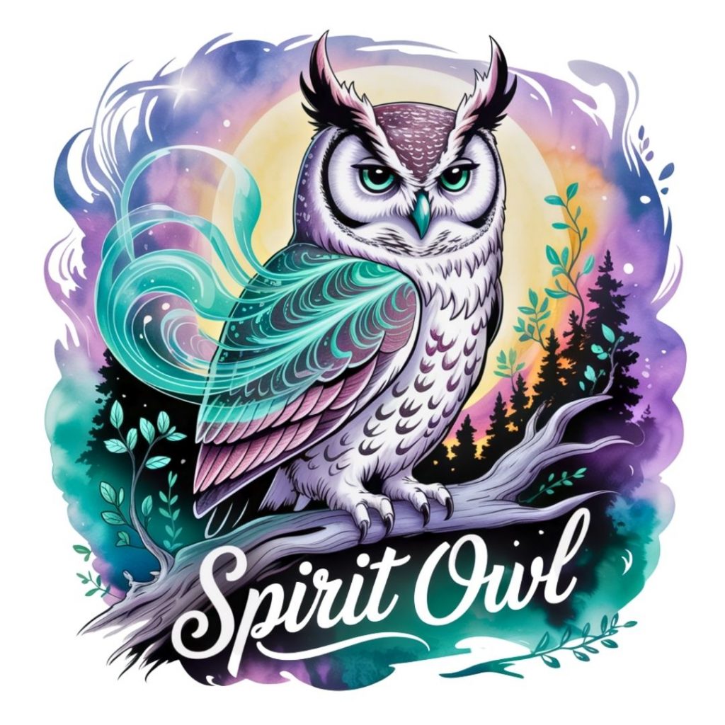 A mystical owl with vibrant feathers sits on a branch amid swirling colors, with a backdrop of trees under a starry sky. Text reads "Spirit Owl."