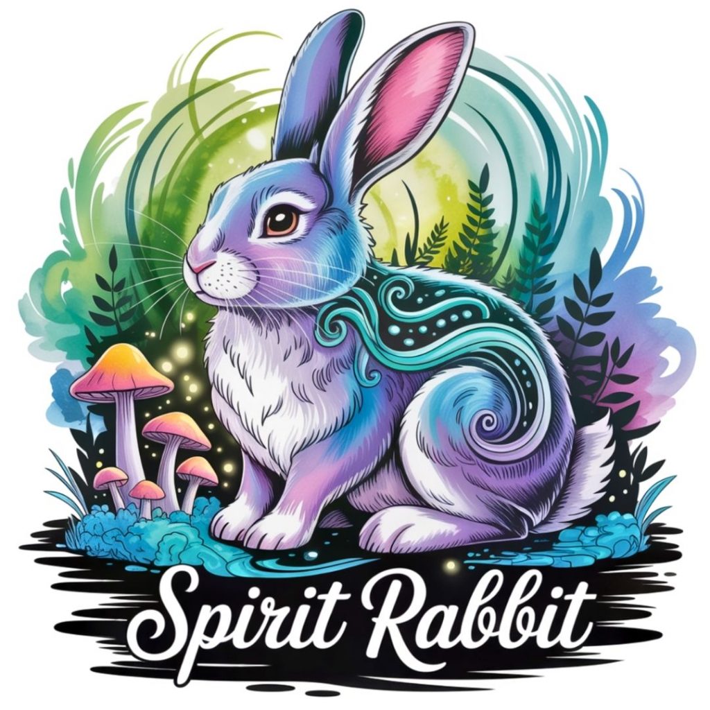 Illustrated colorful rabbit with swirling patterns and vibrant fur, sitting by mushrooms and foliage. The text "Spirit Rabbit" is at the bottom.