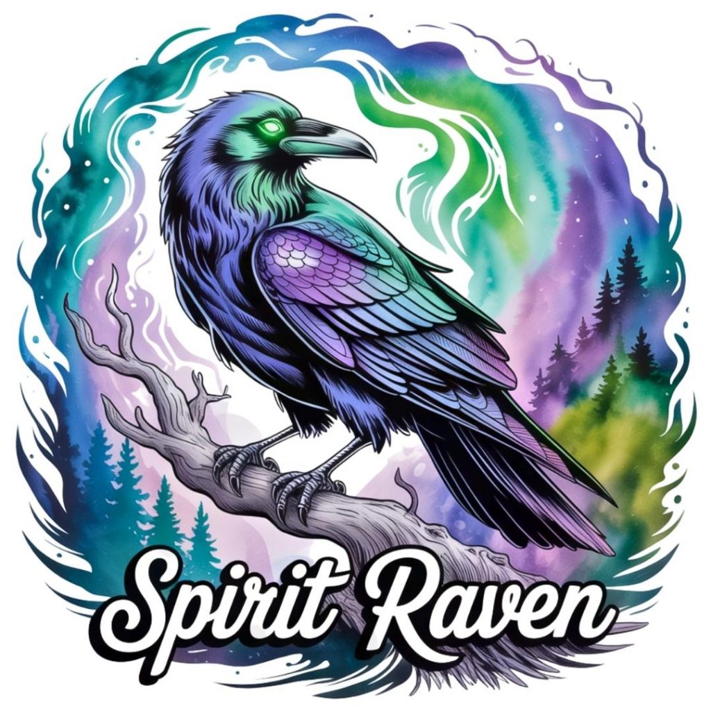Illustration of a colorful raven perched on a branch, set against a vibrant aurora sky with pine trees. The text "Spirit Raven" is prominently displayed below.