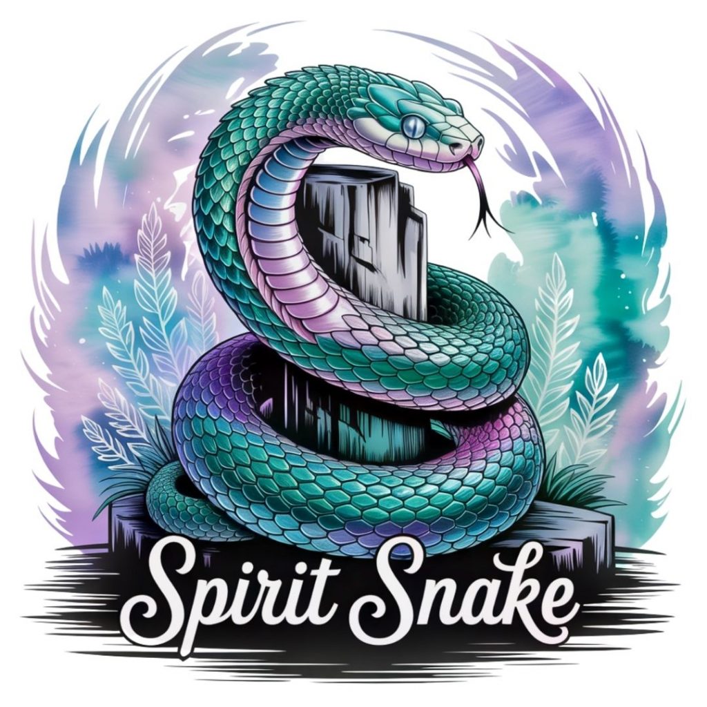 A vibrant, coiled snake with turquoise and purple scales sits atop a rock against a pastel background. The text "Spirit Snake" is below. Energetic and mystical.