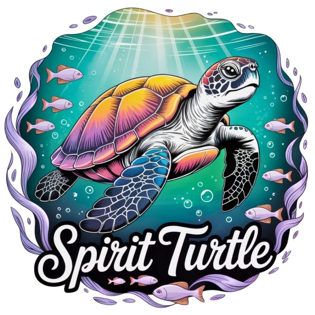Colorful illustration of a sea turtle with vibrant patterns swimming surrounded by fish and seaweed under sunlit water. Text reads "Spirit Turtle."