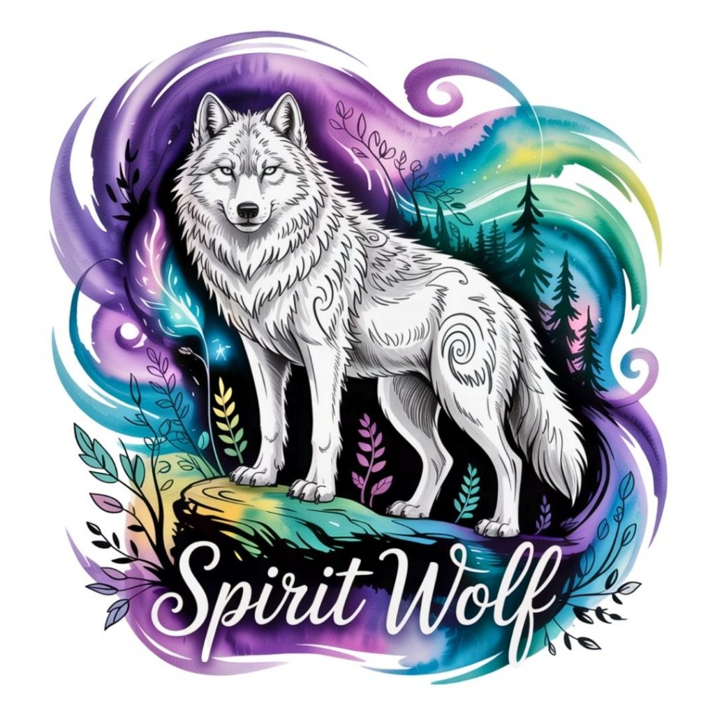 Illustration of a white wolf standing on a rock, surrounded by vibrant swirls of purple, blue, and green, with the words "Spirit Wolf" below.