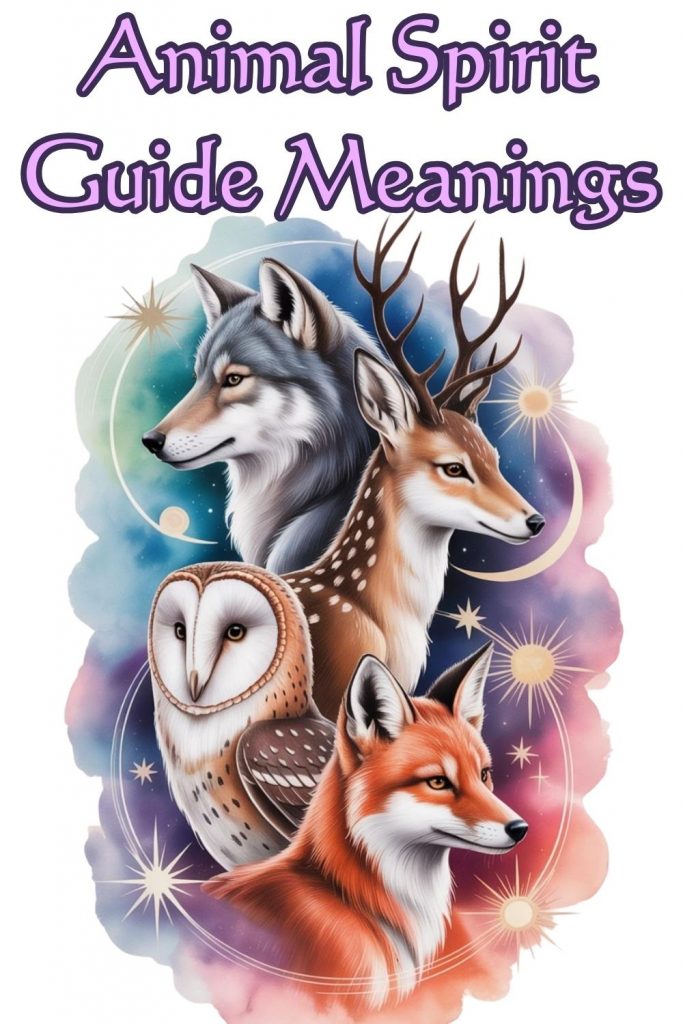 Illustration featuring a wolf, deer, owl, and fox with cosmic elements, under the text "Animal Spirit Guide Meanings." Whimsical and mystical tone.