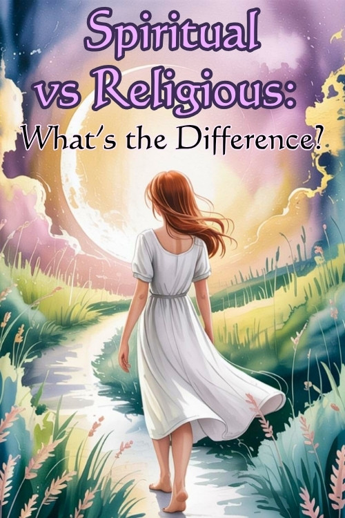 A woman in a white dress walks toward a glowing sun on a path surrounded by nature. Text reads "Spiritual vs Religious: What's the Difference?"