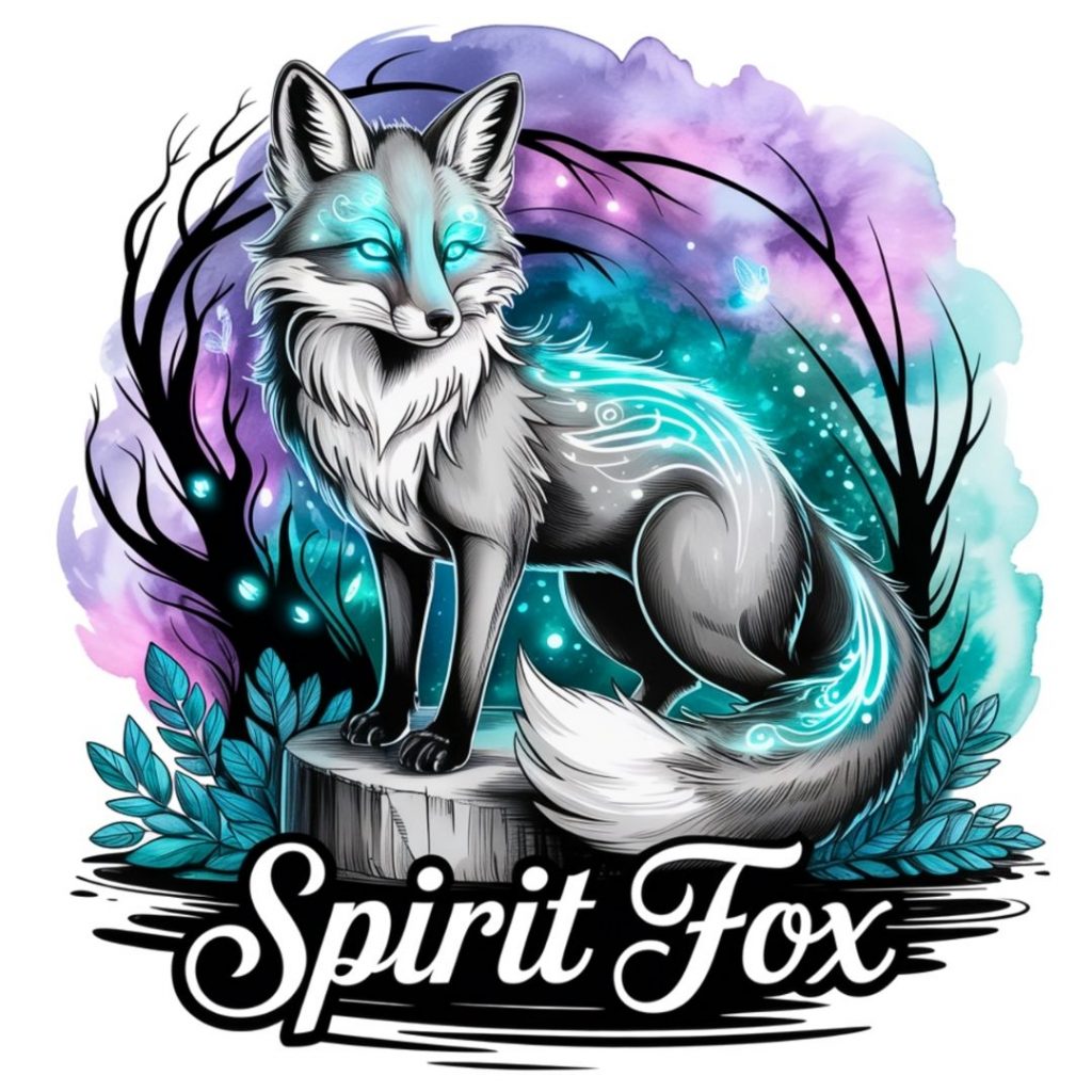 Mystical illustration of a glowing fox with ethereal markings, sitting on a stump. Background features swirling purple and blue, with text "Spirit Fox."