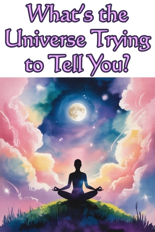 Silhouette of person meditating under a full moon, surrounded by vibrant, colorful clouds. Text above reads, "What's the Universe Trying to Tell You?"