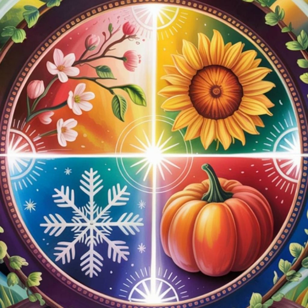 A vibrant circular design divided into four quadrants depicting seasons: spring blossoms, a summer sunflower, a fall pumpkin, and a winter snowflake, surrounded by green vines.