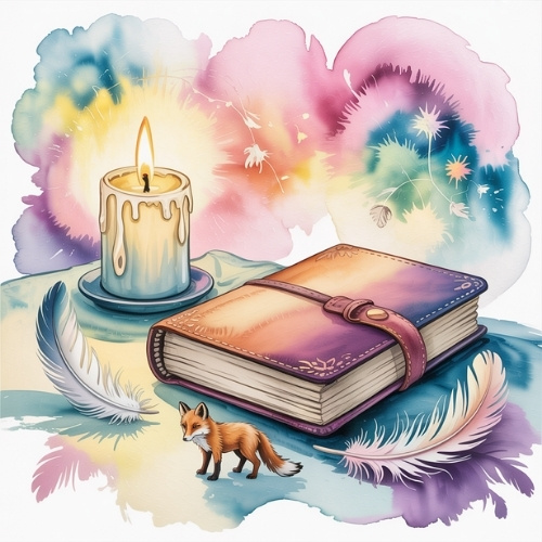 A glowing candle, a closed book with a strap, and a small fox are surrounded by colorful watercolor splashes and feathers, creating a magical atmosphere.