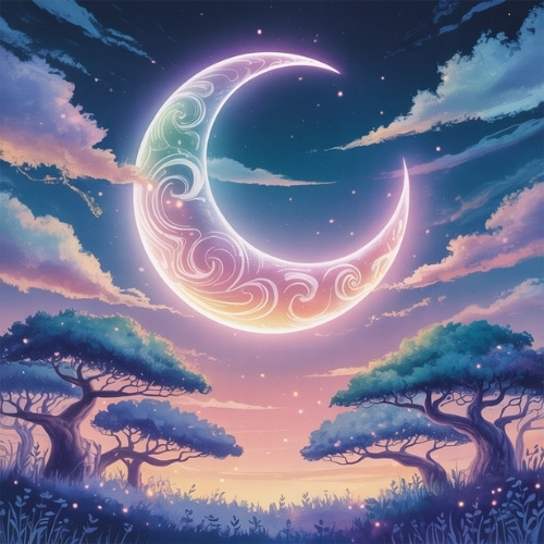 A glowing, patterned crescent moon floats in a dreamy sky with pastel hues and scattered stars, framed by stylized trees. Surreal and serene atmosphere.