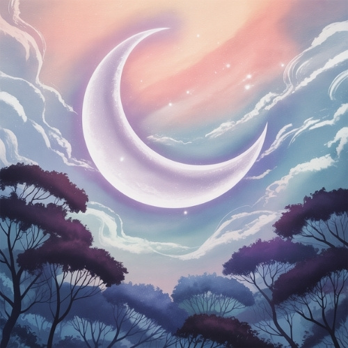 A serene landscape with a large crescent moon glowing amidst a pastel sky of pink and blue hues. Silhouetted trees frame the scene below.