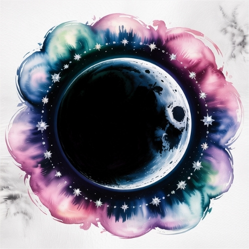 A celestial scene with a dark moon at the center, encircled by a luminous watercolor-style aura of pink, blue, and green, dotted with twinkling stars.