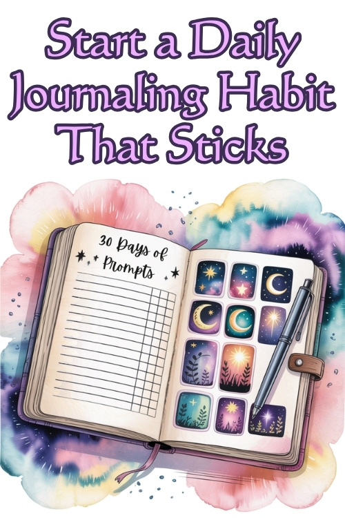 Open journal with "30 Days of Prompts," surrounded by colorful watercolor splashes. Pages feature celestial icons and plants. Title reads "Start a Daily Journaling Habit That Sticks."