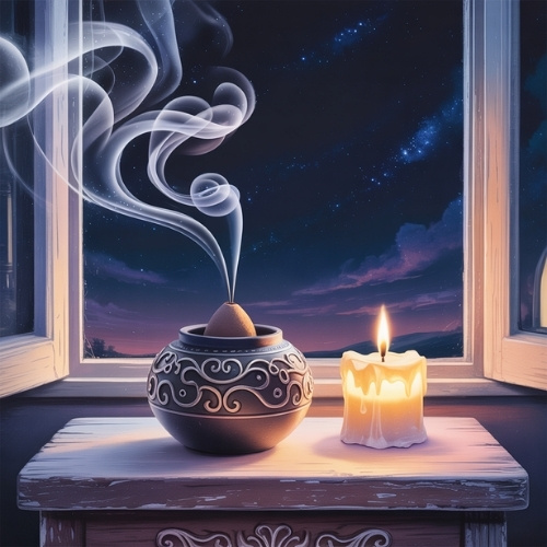 A lit candle and ornate incense burner with swirling smoke sit on a windowsill. A moonless, starry night sky is framed by the window, creating a calm, serene scene.