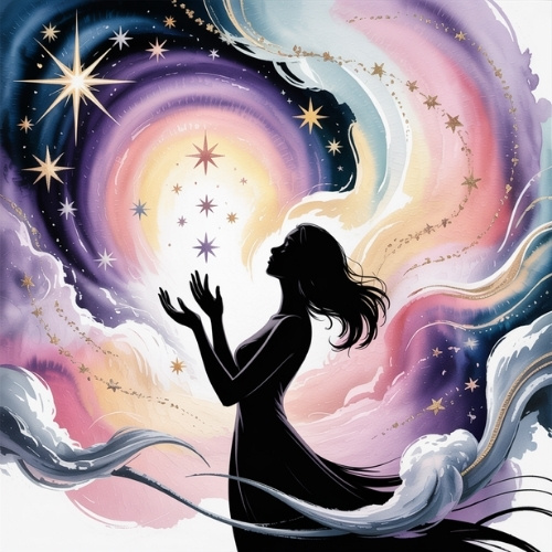 A silhouette of a woman reaches toward swirling pastel clouds and stars, evoking a sense of wonder and magic, set against a cosmic backdrop.